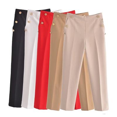 China new Anti-wrinkle straight pants with metal buttons office culotte fashion medium yellow pants cropped cargo sweatpants for sale