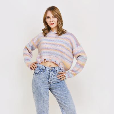 China Anti-Wrinkle Product Stylish Women Popular Trending Casual Casual Irregular Edge Crewneck Knitted Sweater Pullover for sale