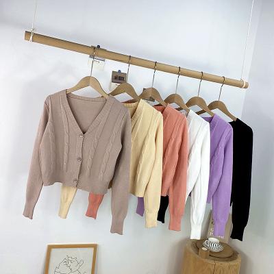 China 2021 Summer New Women Anti-wrinkle Korean Style Ladies Solid Color V-neck Long Sleeve Women's Short Knitted Sweater Cardigan for sale