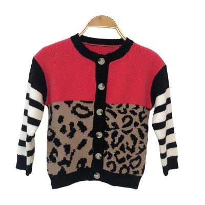 China Anti-wrinkle factory direct supply excellent quality 7GG measurement patchwork leopard print striped long sleeve O neck sweater cardigan for kids for sale