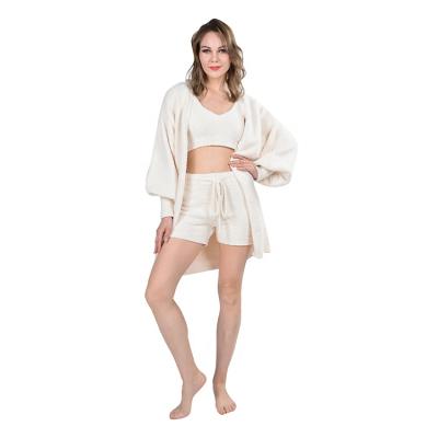 China Anti-Wrinkle Stretching Product Homewear Sets 100% Polyester Women Bubble Sleeve Sweater 3 Piece Short Set for sale