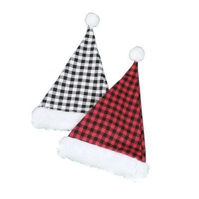 China Polyester Christmas plush hat decorations buffalo plaid santa hats for kids or adults for sale