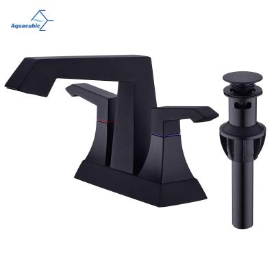 China Metered Faucets Aquacubic CUPC Matte Black Square 4 Inch Centerset 2 Handle Bathroom Faucet With Pop Up Drain Assembly for sale