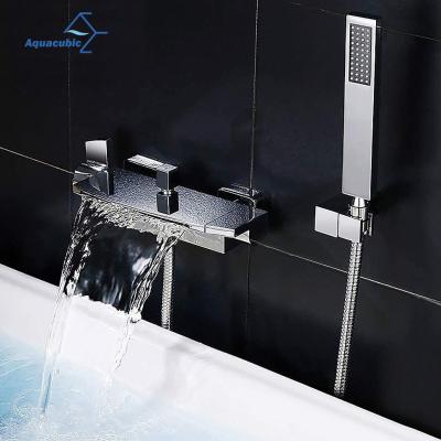 China With Polish Chrome Slide Bar Wall Mount Bathtub Faucet With Hand Held Shower Sprayer Waterfall Spout for sale