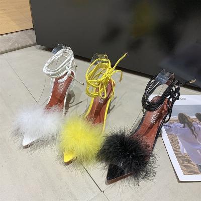 China Fashion Trend 2021 Transparent Mules Ladies Crystal High Heels Peep Toe Perspex Feather PVC Fur Hairy Sandals Summer Woman Slides Shoes for sale