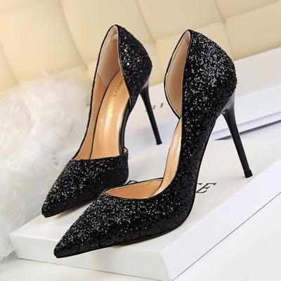 China Fasion Cutouts Stylish Shoes Thin Sexy Side Women Pumps Fashion Sequined Fabric Women's Shallow High Heels Shoes Pointed Toe for sale