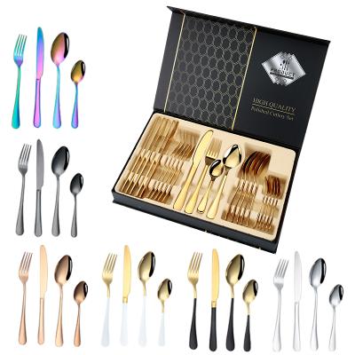 China Sustainable Flatware Set 24pcs Stainless Steel PVD 24pc Flatware Sets, Black Gold Silver Cutlery Set 24 Pieces for sale