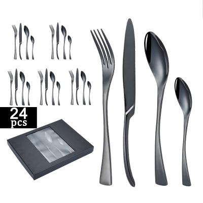 China Sustainable Luxury Mirror Black Stainless Steel 24 Pcs Cutlery Set With Gift Box for sale