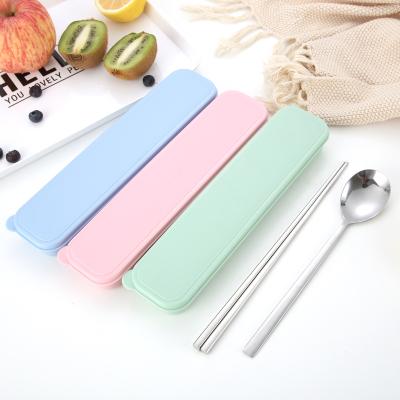 China Viable Travel Cutlery Set With Wheat Box, Silver Outdoor Mirror Stainless Steel Spoon Chopsticks For Student for sale