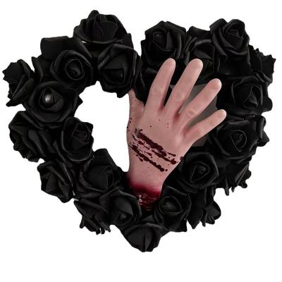 China 2022 New Design Hand Horror Halloween Family Decoration Scary Wreath Bloody Door Decoration With Rose For Terror Party Black for sale