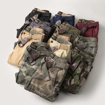 China Anti-wrinkle heavy wearable retro coveralls camouflage cotton men's outdoor casual belt jogging cargo pants for sale