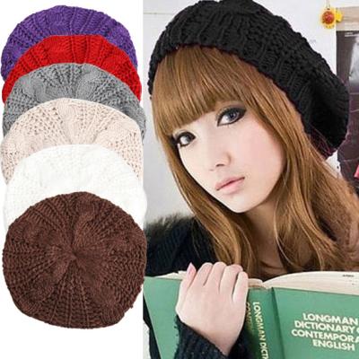 China Winter Stylish Women's Stylish Solid Color Solid Color Warm Beret Knitted Beanie Multicolor Plain Beret Solid To Color Ski Hats Vintage Hat Ladies Loose Winter Color Stylish Hat for sale