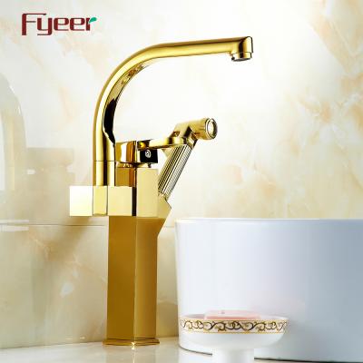 China Gold Fyeer Modern High Arc Pull Out Kitchen Sink Faucet With Pre Rinse Spray for sale