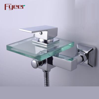 China Fyeer Single Handle Waterfall Sliding Bar Glass Bath Faucet Bathroom Faucet With Diverer for sale