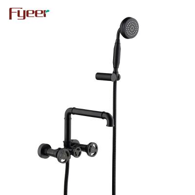 China Without Slide Bar Fyeer Double Handle Black Wall Mounted Bathtub Faucet With Hand Shower for sale