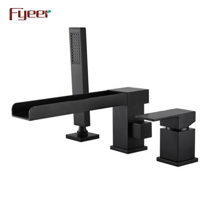 China Without Slide Bar Fyeer Deck Mounted 3pcs Set Black Waterfall Bathtub Faucet With Hand Shower for sale