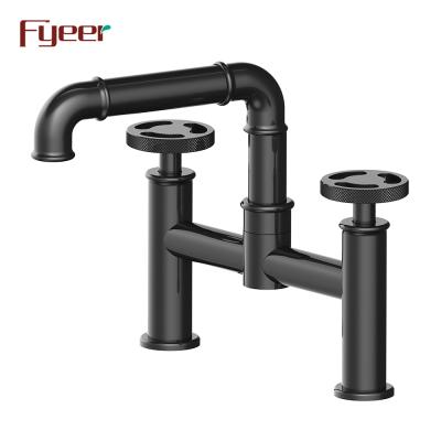 China Without Slide Bar Fyeer Deck Mounted Double Handle Industrial Black Tub Faucet for sale