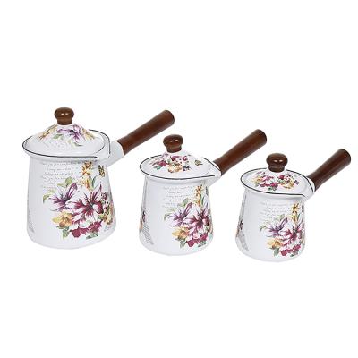 China OEM Quality Durable Enamel Liner Carbon Steel Teapot Enamel Coffee Warmer With Wooden Handle for sale