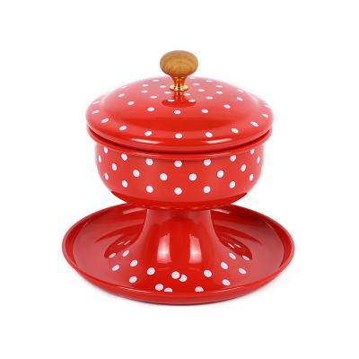 China High Quality Customized Viable Vintage Print Enamel Bowl Double Layer Cast Iron Kitchen Enamel Bowl With Cover for sale