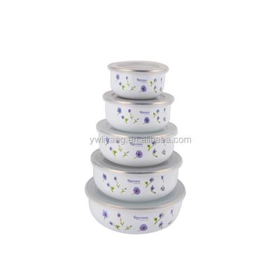 China 5PCS/set sustainable refrigerated enamel bowl, cool-keeping bowl box, sealed bowl with PP lid for sale