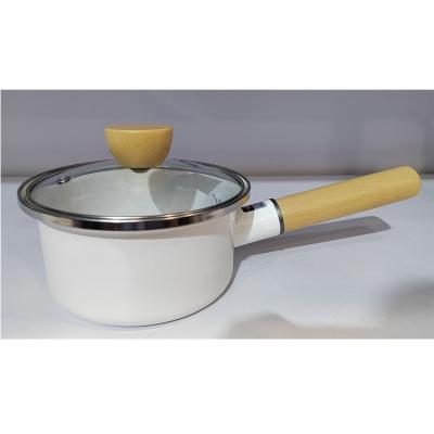 China Wholesale High Quality Viable Enamel Pot Solid Color Stain Handle Glass Covered Wooden Saucepan for sale