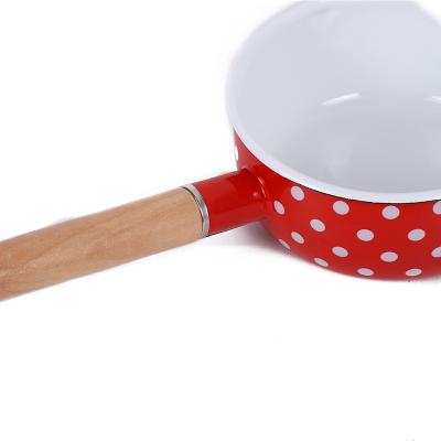 China Wholesale High Quality Viable Enamel Pot Solid Color Stain Handle Wooden Milk Saucepan for sale