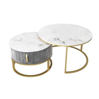 China Modern Nesting Table Set Tea Table Factory Metal Gold Leg Straight Around Marble Coffee Table With Drawer Nesting Coffee Table Set for sale