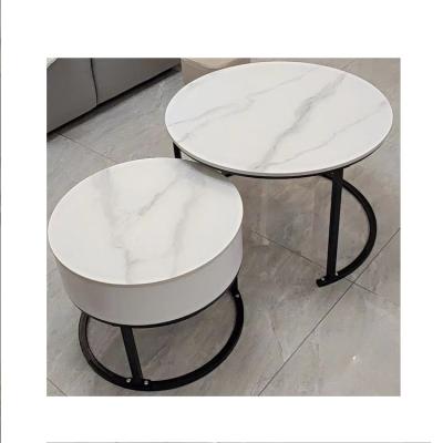 China Nordic detachable wrought iron metal marble coffee table with drawer nesting coffee table around shaped living room tea table for sale