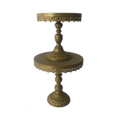 China Gorgeous Delicate Vintage Wedding Gold Metal Cake Display Stand 2 Pieces Per Set With 1 Tier For Birthday Party for sale