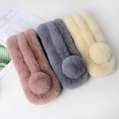 China Lovely Style Cute Medium Long Wraps Winter Pure Plush Ball Winter Faux Rabbit Fur Scarves Polyester Fashion Girls Warm Color Scarf for sale