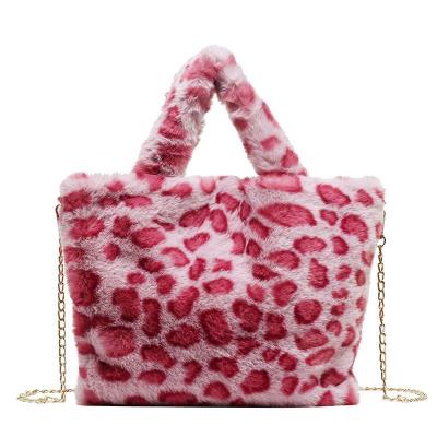 China Lovely Girl's Plush Shoulder Leopard Handbags Tote Crossbody Chain Faux Fur Daily Carry Bag for sale