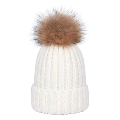 China COMMON wholesale big raccoon fur ball knitted wool hat, winter knitted fluffy pom pom girl hat, parent-child leisure hat for sale