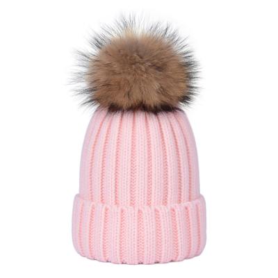 China New fashion COMMON oversized raccoon pom pom leather beanie knitted hat/casual knitted hat thick striped wool hat for sale