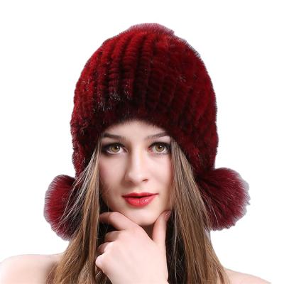 China Women COMMON Fur Knitted Mink Hat Winter Fur Pom Pom Beanie Hats With Three Balls for sale