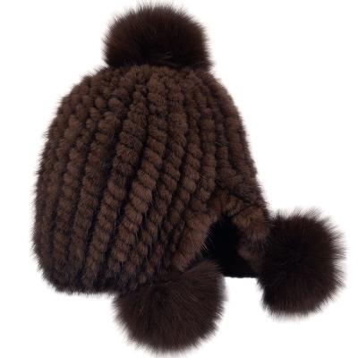 China Travel COMMON High Quality Handwoven Striped Mink Knitted Fur Ball Beanie Ca for sale