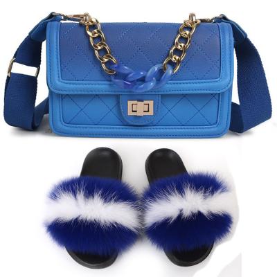 China CUSHIONING PVC Matte Jelly Bag With Fox Fur slipper purse bags match fur slides sandals sets for sale