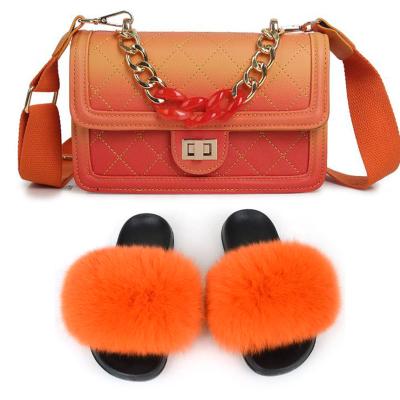 China CUSHIONING ladies bags slippers and shoes / matching fur slipper bag set / fox fur slippers with bag for sale