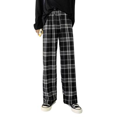 China Anti-Wrinkle Stock Women's Plaid Pants Check Printed Unisex Home Wear Women Loose Leg Pants Wide Waist High Elastic Band Casual Sports Tracksuit for sale