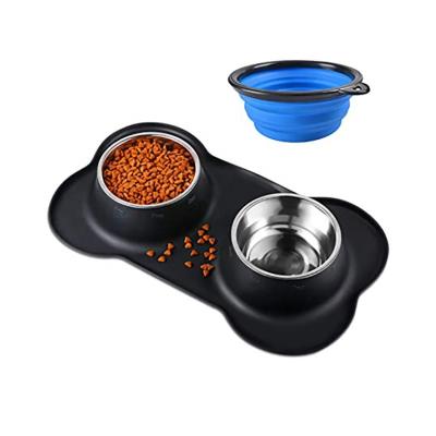 China Sustainable Dog Bowls With Non Slip Silicone Mat Stainless Steel Double Bowls Set For Cats Puppy Small Medium Dog Food And Water Feeding for sale