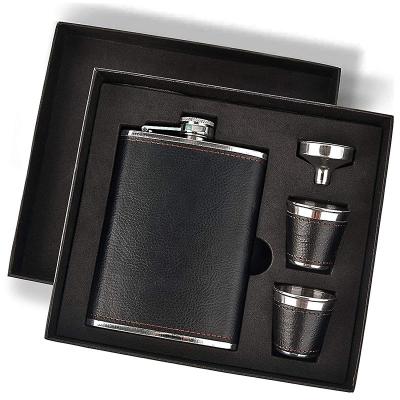 China Contemporary 8oz Stainless Steel Hip Flasks For Liquor With Black Leather Cover Hip Flask Set for sale