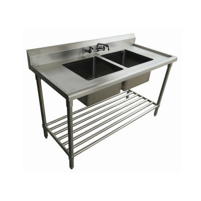 China Freestanding Stainless Steel Commercial Rectangular Kitchen Equipment Hotel Kitchen Jincheng European 2 Bowl Sink Table for sale