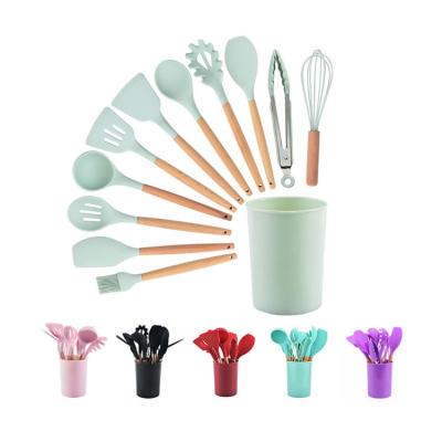 China 12pcs Viable in 1 Set Wooden Handle Kitchenware Stick Accessories Silicone Non Cooking Kitchen Utensil Set Tools with Holder Box for sale