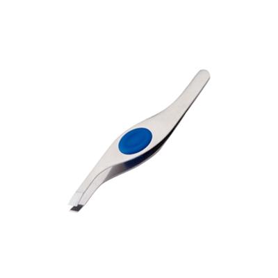 China Professional Oblique Eyebrow Tweezers Stainless Steel Tip With Button Silicon Rubber Button Tweezers for sale