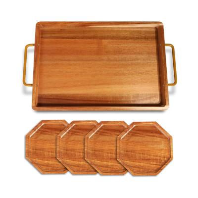 China Home Or Storage Acacia Wood Serving Tray With 4 Sets Of Wooden Coaster Ottoman Tray With Handles for sale