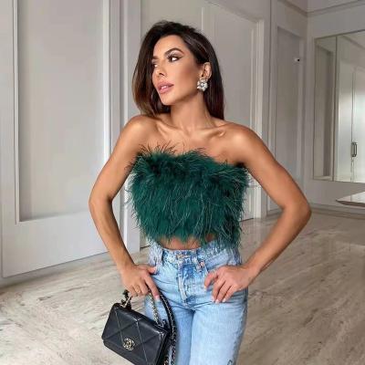 China Sexy QUICK DRY Feather Fur Tops Sexy Wrap Chest Strap Bandage Ostrich Feather Strapless Tops For Women for sale