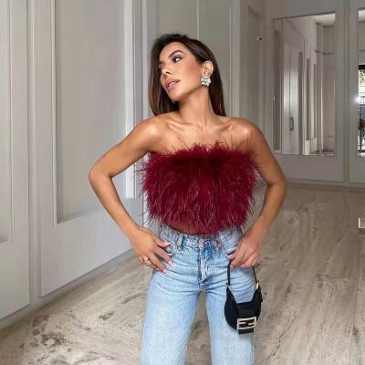 China 2022 summer QUICK DRY tube tops sheer strapless camisole women sexy fur color ostrich feather top for sale