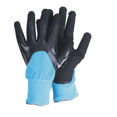 China Guantes de trabajo revestidos con nitrilo con superficie de palma arenosa y concha de spandex de nylon en venta