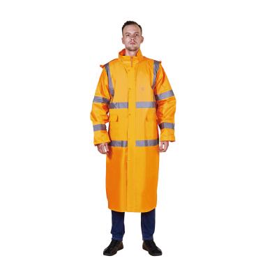 China RAINWEAR RR020-Y Polyester/PVC mit Kapuze verstellbarer Regenmantel mit reflektierendem Band zu verkaufen