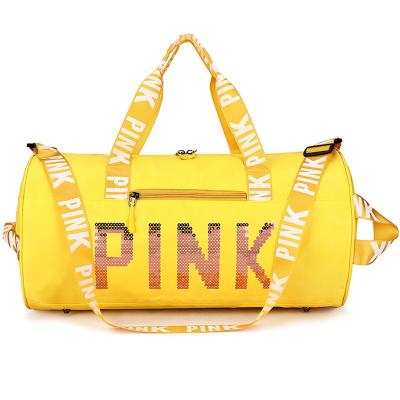 China Zipper Closure Fashion Laser Handbag Weekend Designer Spinnanight Bags Wholesale Pink Sequins Yellow Women Tote Overnight Bag for sale