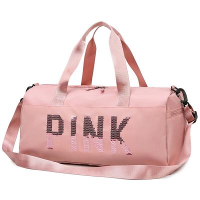 China Fashion Fabric Sequin Pink Logo Womens Fitness Travel Gym Waterproof Nylon Sport Wet Pouch Shoes Compartment Storage Duffel Bag for sale